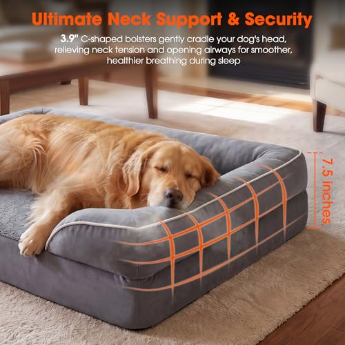 Waterproof Orthopedic Dog Bed for Extra Large Dogs with Bolster (Grey / XL (42"x30" - 4" Thick))