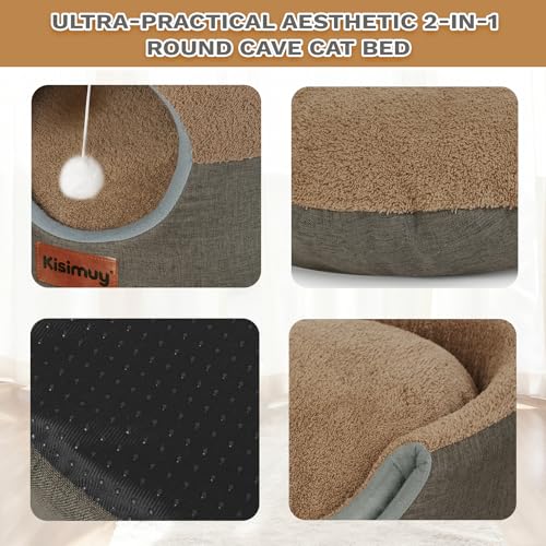 2-in-1 Cat Bed Cave, Cozy Covered Cat Beds for Indoor Cats,Pet Bed (Brown / S-15.7"Lx15.7"Wx13"H)