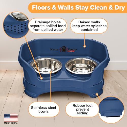 Neater Feeder Deluxe Mess Proof Dog Bowls Elevated for Small Dogs Under 19 lbs (Small with Standard Bowl / Dark Blue)