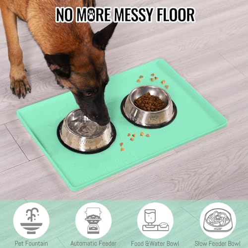 Dog & Cat Food Water Mat for Floors Waterproof (Green / 18''×12'')