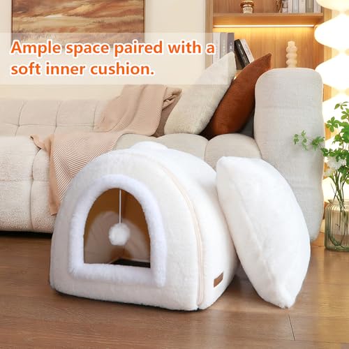 Cat Bed for Indoor Cats (Cream / M:(15.6"×15.6"×14"))