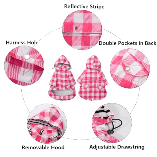 Dog rain Coat Waterproof Raincoat Puppy Jacket with Legs Buttons Zipper Hood Drawstring Fit for Yorkie Terrier Schnauzer Poodle Border Collie Labrador Golden Retriever 8lbs to 80lbs Pink L (Large / Pink Plaid)