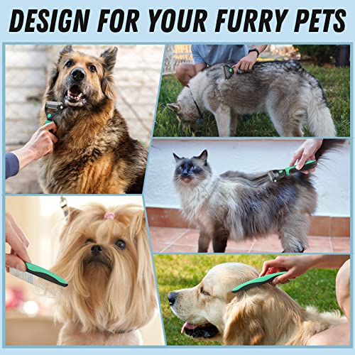 Pet Grooming Brush and Metal Comb Combo for Dogs & Cats (Green)