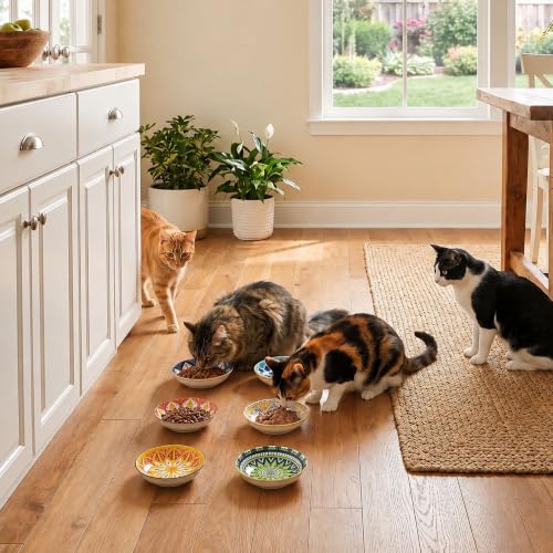 Ceramic Cat Bowls Set of 6 (Floral - No Pads)
