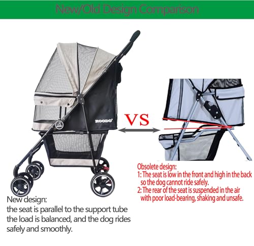 4 Wheel Dog Cat Pet Stroller Best Lightweight Foldable Compact Portable Jogger All Terrain Travel Pet Gear Puppy Doggie Bunny Kitty Stroller for up to 30lbs Medium Small Dogs Cats (Light khaki)