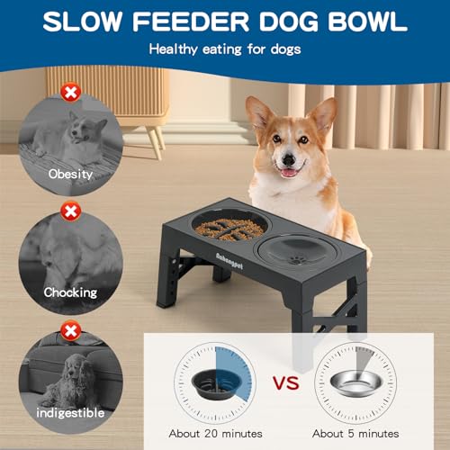 3-in-1 Elevated Slow Feeder Dog Bowls for Food and Water, 5 Heights Adjustable Raised Dog Bowls, Non-Slip, No Spill, for Small Medium Large Dogs and Cats(Grey) (3Pcs-Grey)