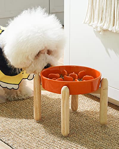 Ceramic Slow Feeder Puzzle Bowl Elevated 3 Cup with Wooden Stand for Medium Large Dog (Sun Orange+Stand / L-3 Cups)