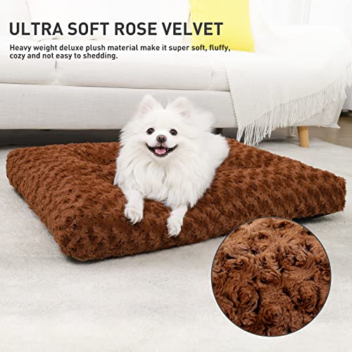 Washable Dog Bed Small Dog Crate Bed Deluxe Plush Mat 23"x18" Brown (Brown / 23.0"L x 18.0"W x 3.0"Th)