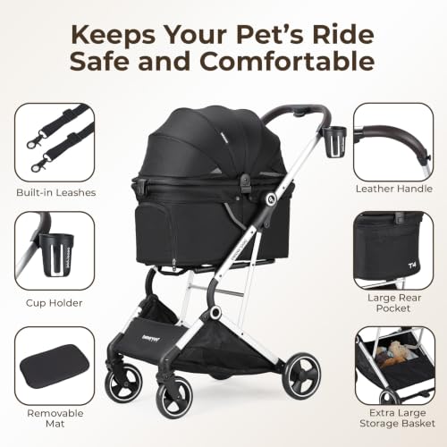 Beberoad Dog Stroller T4 for Small Medium Pets One Hand Fold (Black)