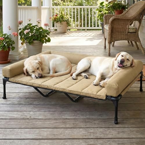 Outdoor Elevated Dog Bed with Waterproof Bolster Cushion (Beige Coffee / 59.0"L x 37.5"W x 9.0"Th)
