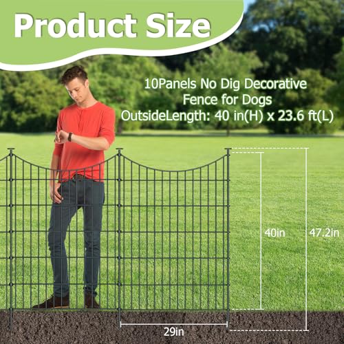 10 Panel No Dig Metal Garden Fence 40"H x 23.6'L Dog Fence Outdoor for Yard (10pc 23.6 ft(L) X 40 in(H)-Concave)