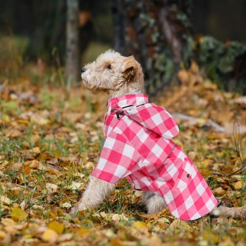Dog rain Coat Waterproof Raincoat Puppy Jacket with Legs Buttons Zipper Hood Drawstring Fit for Yorkie Terrier Schnauzer Poodle Border Collie Labrador Golden Retriever 8lbs to 80lbs Pink S (Small / Pink Plaid)