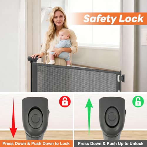 70 Inch Wide Retractable Baby Gate for Doorways (Gray / 33'' Tall X 70'' Wide)