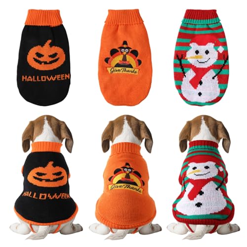 3 Pack Halloween Thanksgiving Christmas Dog Cat Sweaters Sets Dogs Fall Clothes Pumpkin Turkey Snowman Dog Cat Knit Sweaters Pets Costumes for Holiday Dogs Cats Pets (Large)