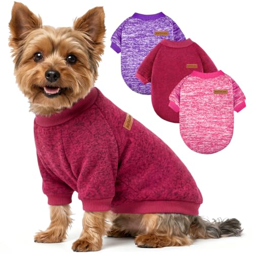 3 Pack Dog Sweaters for Small Dogs Girl Boy Winter Fleece Clothes Warm Soft Dog Sweatshirt Outfit for Dogs Cats Pet Apparel (Wine red+purple+Pink / XS (Back: 9.8", Chest: 13.7", 3.5-5.5 lbs))