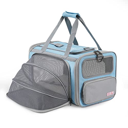 Cat Carrier Airline Approved Expandable Breathable Safety Leash (Light Grey and Sky Blue)