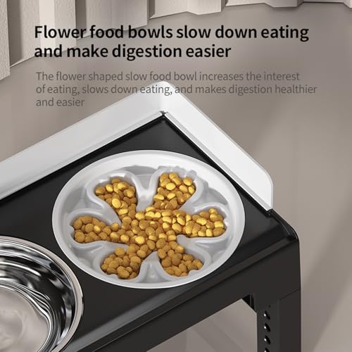 Elevated Dog Bowls for Medium and Large Dogs (1 Slow Feeder Bowl + 1 Stainless Steel Bowl / Grey)