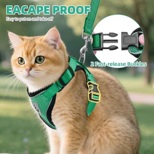 Cat Harness and Leash Set Escape Proof Reflective Cat Walking Harness Adjustable Soft Breathable Mesh Vest for Small Pets (S (NECK 9.5"-11", CHEST 13"-16") / Dark Green)