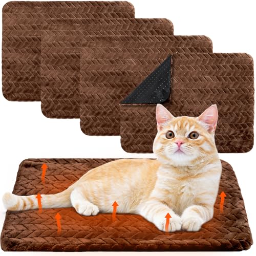 4 Pack Self Warming Cat Bed Mat Self Heating Pad for Dog Extra Warm Winter Pet Pad Washable Thermal Pads Mats for Pets Indoor Outdoor (Dark Coffee / 16 x 20 Inch)