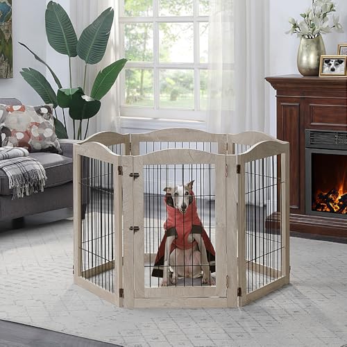 132" Extra Wide Dog Gate and Pet Playpen with Walk Through Door (Weathered Grey / 132"W×31.5"H)