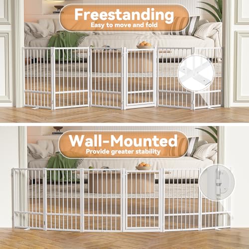 Full Metal Freestanding Dog Gate with Door (【6 Panels】120"W*32H" / White)