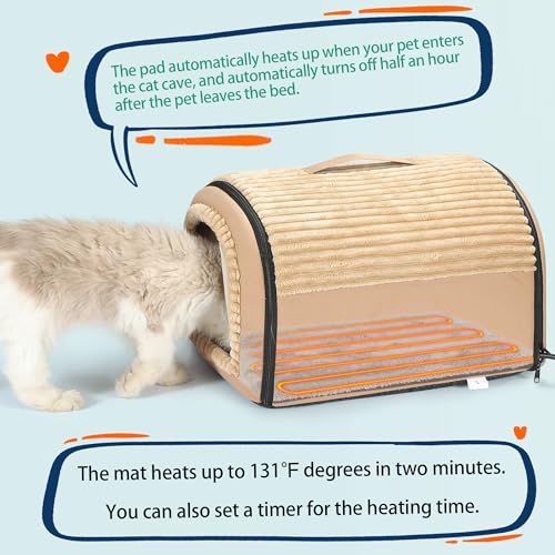 Smart Heated Cat Bed Cave Pet House for Indoor Cats & Small Dogs (Brown)