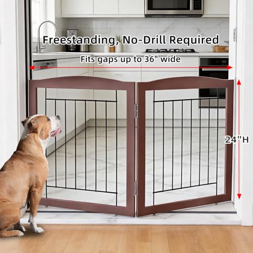 Freestanding Foldable Dog Gate for House Extra Wide Wooden Indoor Puppy Gate Stairs Doorways Pet Gate Tall Dog Fence 2 Panels Fence Brown (Brown / 【2 Panels】40''w x 24''h)
