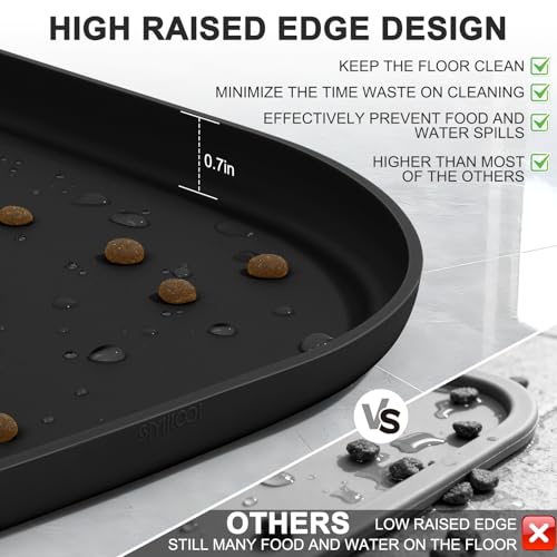 Waterproof Silicone Pet Food Mat with Raised Edge for Dog & Cat (Black / 12"L x 12"W)