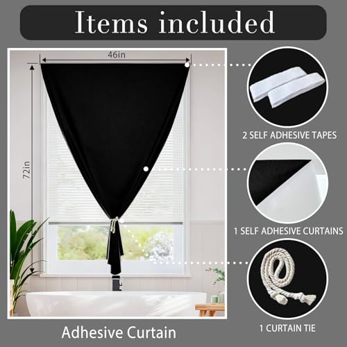 100% Blackout Curtains for Bedroom Stick On Curtain Window Shades Pull Down Blackout Window Cover No Drillng Self Adhesive Curtains No Rod Small Windows (45"W x 72"L (Pack of 1) / Black)