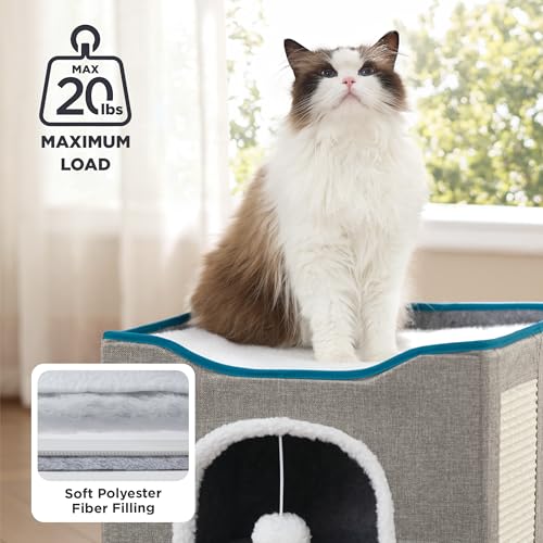 Cat House Bed for Indoor Cats with Fluffy Ball and Scratch Pad (Dark Grey / Single)