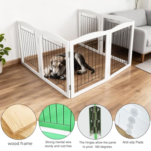 Freestanding Foldable Dog Gate Wooden Extra Wide White Puppy Gate 6 Panels Tall Pet Gates for The House Dog Fence (White / 【6 Panels】120''w x 32''h)