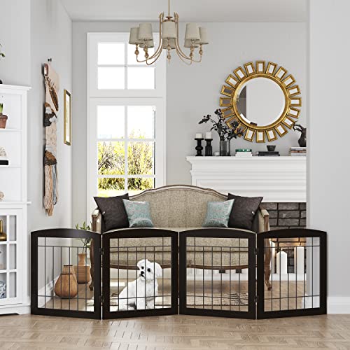 Free Standing Dog Gates for Doorway (Espresso / 【4 Panels】80"W x 24"H)
