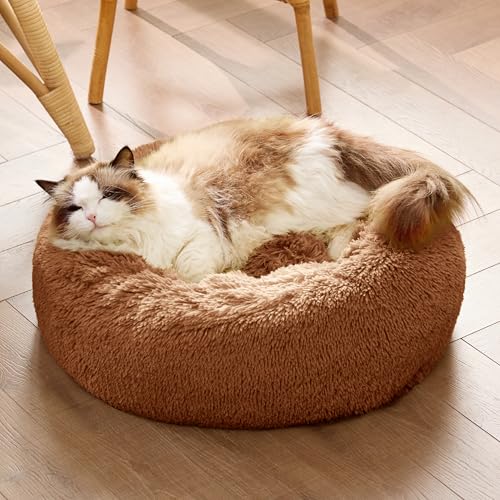 Calming Cat Beds Donut Round Washable Kitten Bed (20"L x 20"W x 6"Th / Copper)