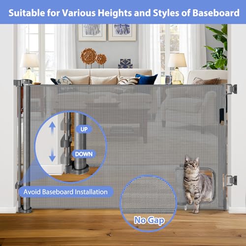 Retractable Dog Gate with Cat Door 55" Wide Retractable Pet Gate with Cat Door Mesh Dog Gate Retractable Baby Gates for Doorway Retractable Puppy Gate for The House Retractable Outdoor Gate for Deck (Gray / 33" X 55"（With Cat Door ）)