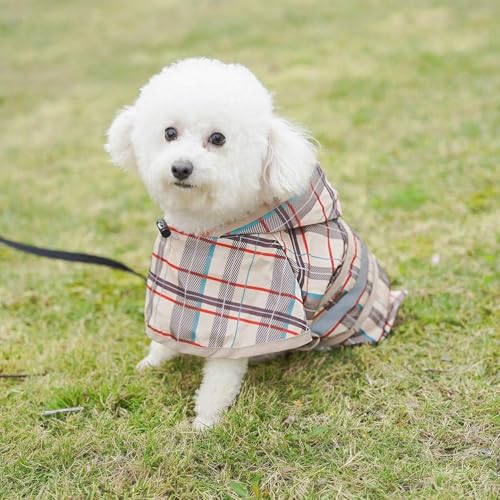 Dog Raincoat Hooded Slicker Poncho with Leash Hole (S:10-15lbs / Plaid beige)