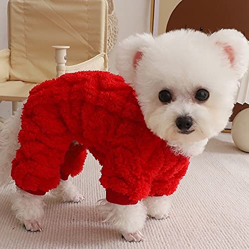 Plush Dog Pajamas for Cold Weather 4 Legged Clothes for Dog Cat Stretchy Puppy Kitten Onesie with Buttons Warm Soft Pet Jumpsuit Winter Coat Red Large (Large / Christmas Red)
