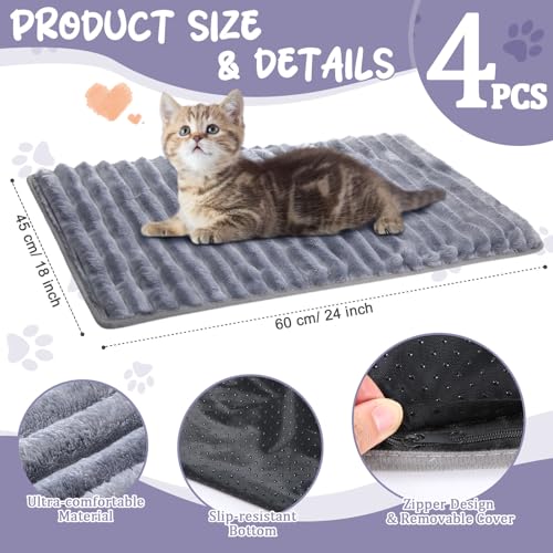 4 Pack Self Warming Cat Bed 24"x18" Self Heating Dog Cat Pad Bulk Crate Mat Extra Warm Thermal Big Pet Pad for Indoor Outdoor Pets Houses with Removable Washable Cover Non Slip (Grey)