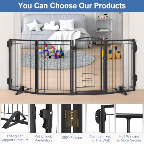 Full Metal Freestanding Dog Gate with Cat Door for Indoor & Outdoor (Black / 【4 Panels with Door】80"W×32"H)