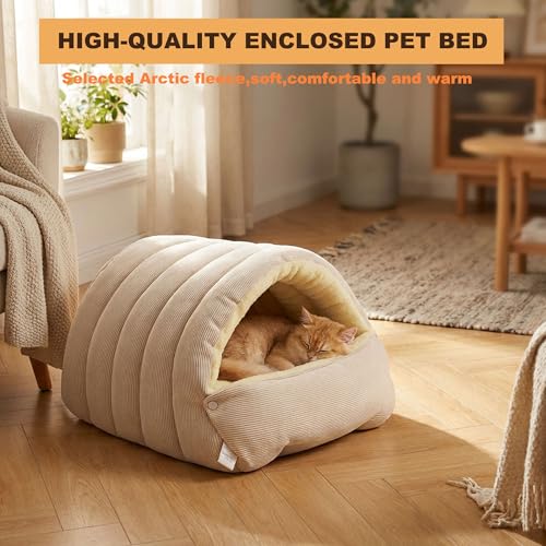 3-in-1 Detachable Winter Warm Pet Cave Bed，Soft Enclosed Cozy Cat House for Indoor Cats, Polyester Plush Fabric, Winter Pet Shelter, Small Pet Cubby, 17.7 * 11.8 * 7.5inchs,Beige (Beige / Medium)