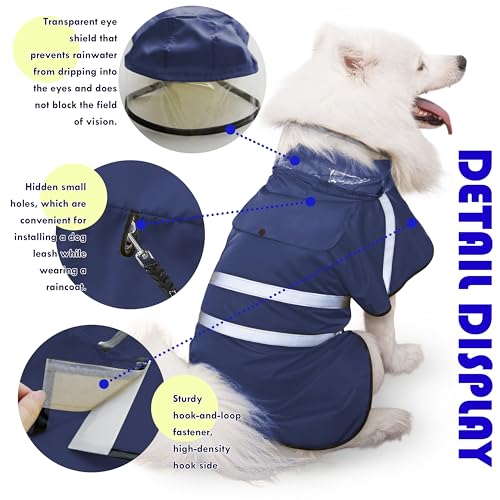 Dog Raincoat Adjustable Rain Jacket with Hooded Double Layer for Large Medium Small Dogs Puppies (Navy / Small)