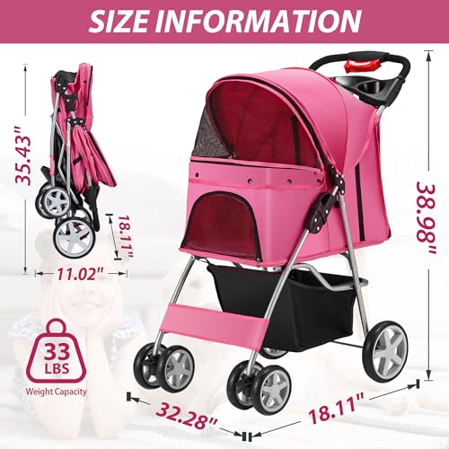 Foldable 4 Wheel Pet Stroller for Dogs Cats 10 (Pink)