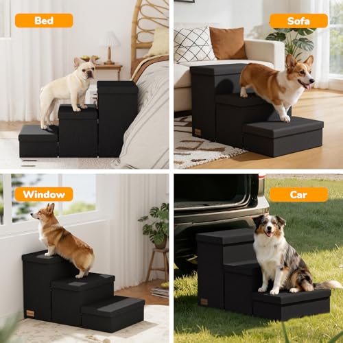 3 Step Wide Dog Stairs with Storage 18" H (Black / 30"D x 17"W x 17.7"H)