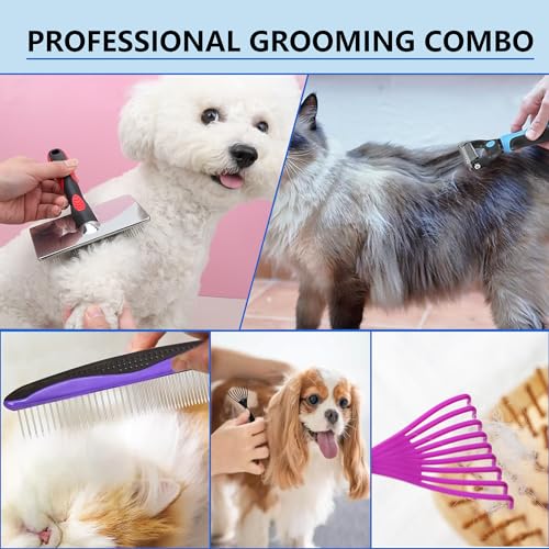 5-in-1 Dog & Cat Extra Long Pin Grooming Kit Slicker Brush for Large Dogs Cats Remove Loose Fur, Undercoat Brush for Shedding, Dematting Comb & Cleaner for Long Haired Pets