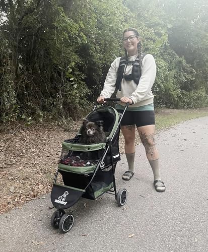 3 Wheel Pet Stroller Best Lightweight Foldable Compact Portable Jogger All Terrain Travel Pet Gear Puppy Kitty Stroller for up to 30lbs Medium Small Dogs and Cats (Cationic Green)