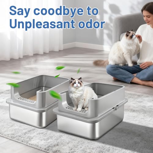 2 Pack XL Stainless Steel Cat Litter Box with Lid and High Sides (X-Large)