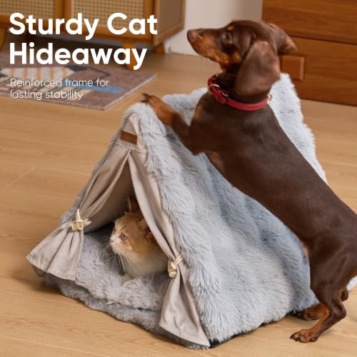 Cat Cave Bed Sturdy Frame Washable Cat Tent Bed with Curtain (Grey / 20"L x 20"W x 17"Th)
