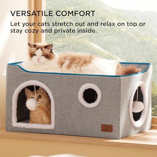 Extra Wide Cat House Bed with Fluffy Ball and Scratch Pad (Grey / Widen)
