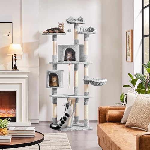79in Multi Level Cat Tree for Multiple Cats with 9 sisal Posts (Light Gray)