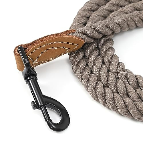 Dog Leash Braided Cotton Rope with Leather (Camel / 72 Inch-1/2")
