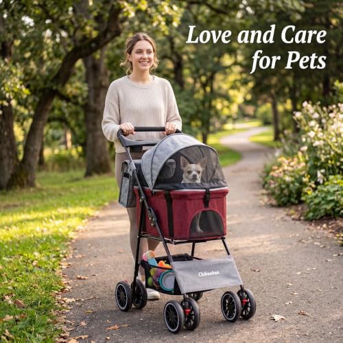 2-in-1 Foldable Pet Stroller 4-Wheel for Small Dogs & Cats,Dark Gray +Red (Dark Gray +Red)